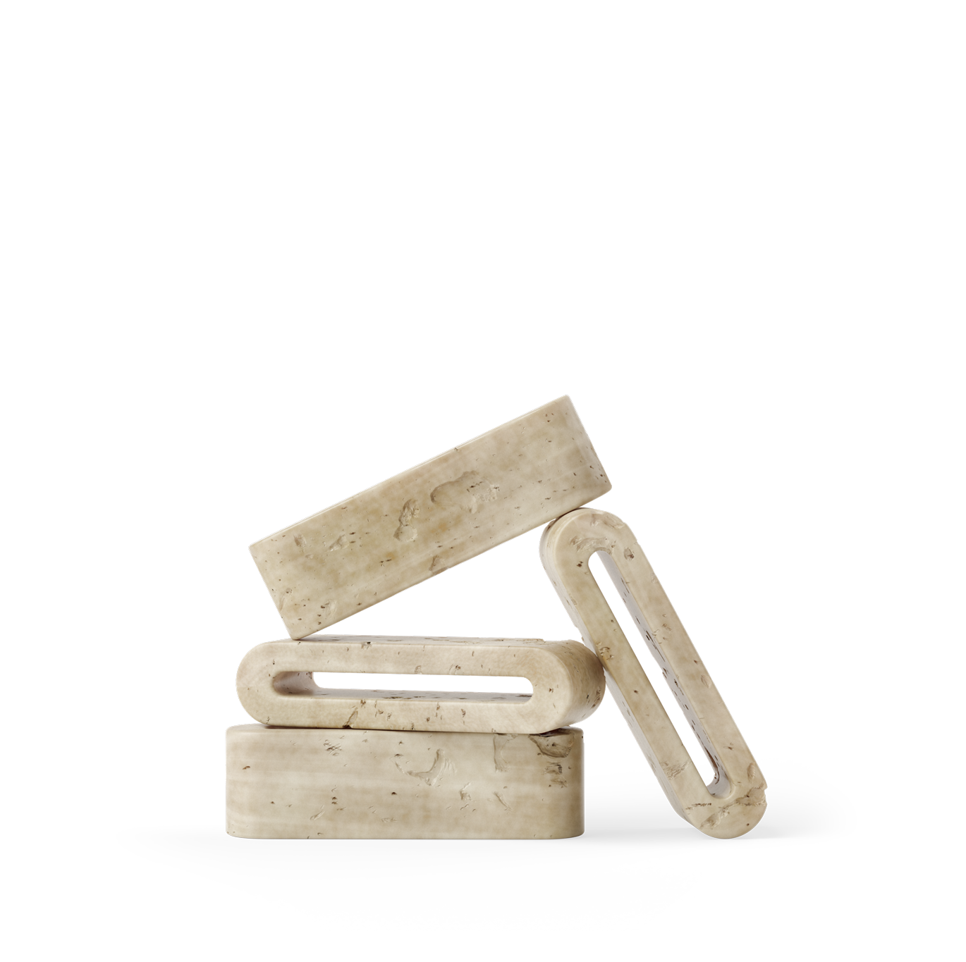 Three beige travertine rectangular objects stacked on a white background