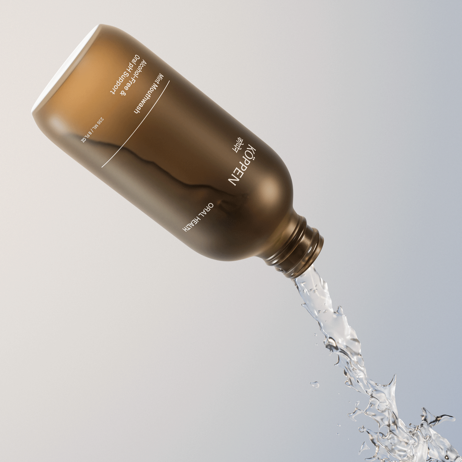 Brown amber frosted bottle with 'KOPPEN' text pouring clear liquid on a light gray background
