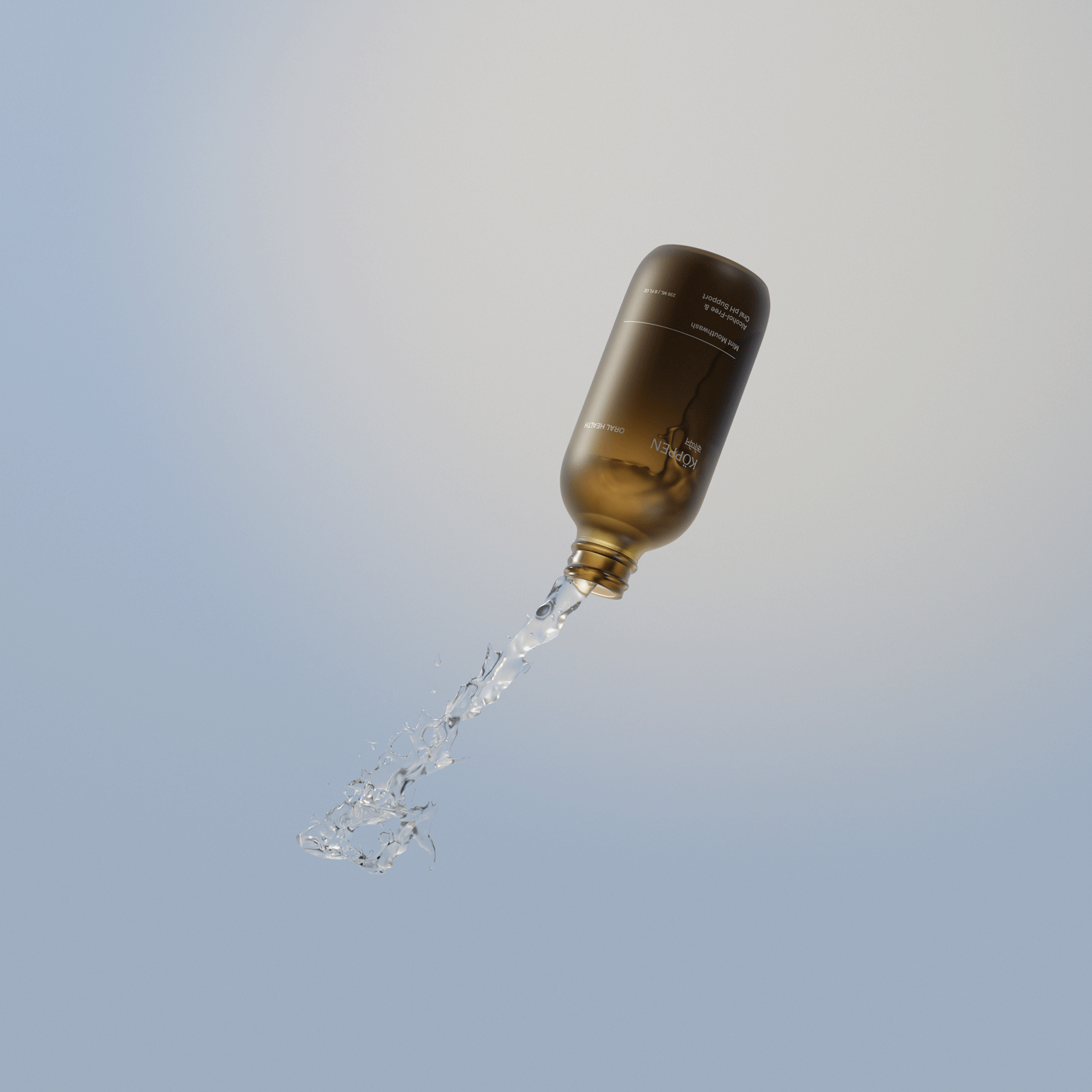Brown  amber frosted bottle with clear liquid flowing against a light gray background
