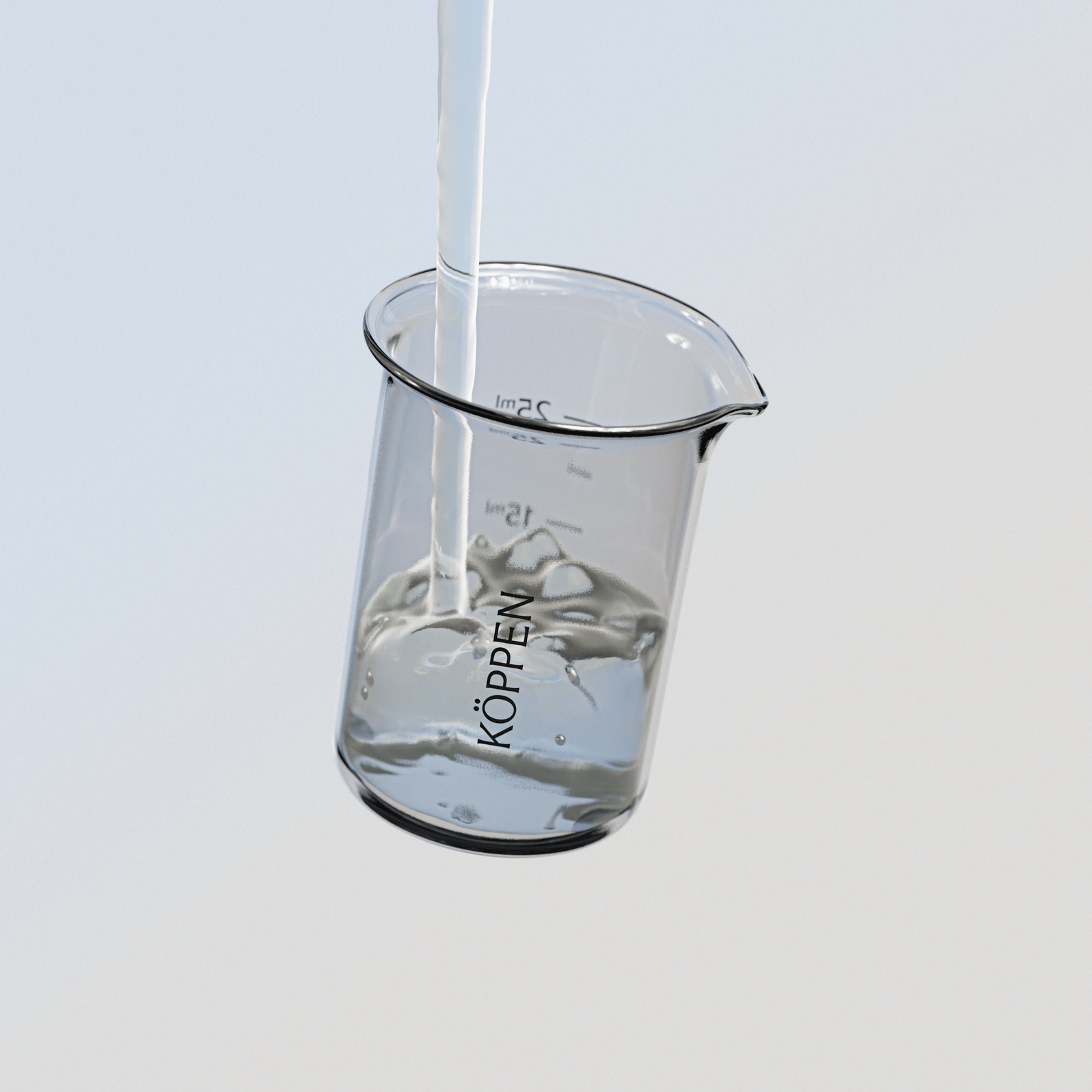 Beaker with clear liquid and 'Köppen' branding on a light gray background