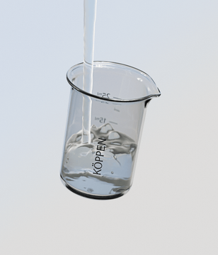 Beaker with clear liquid and 'Köppen' branding on a light gray background