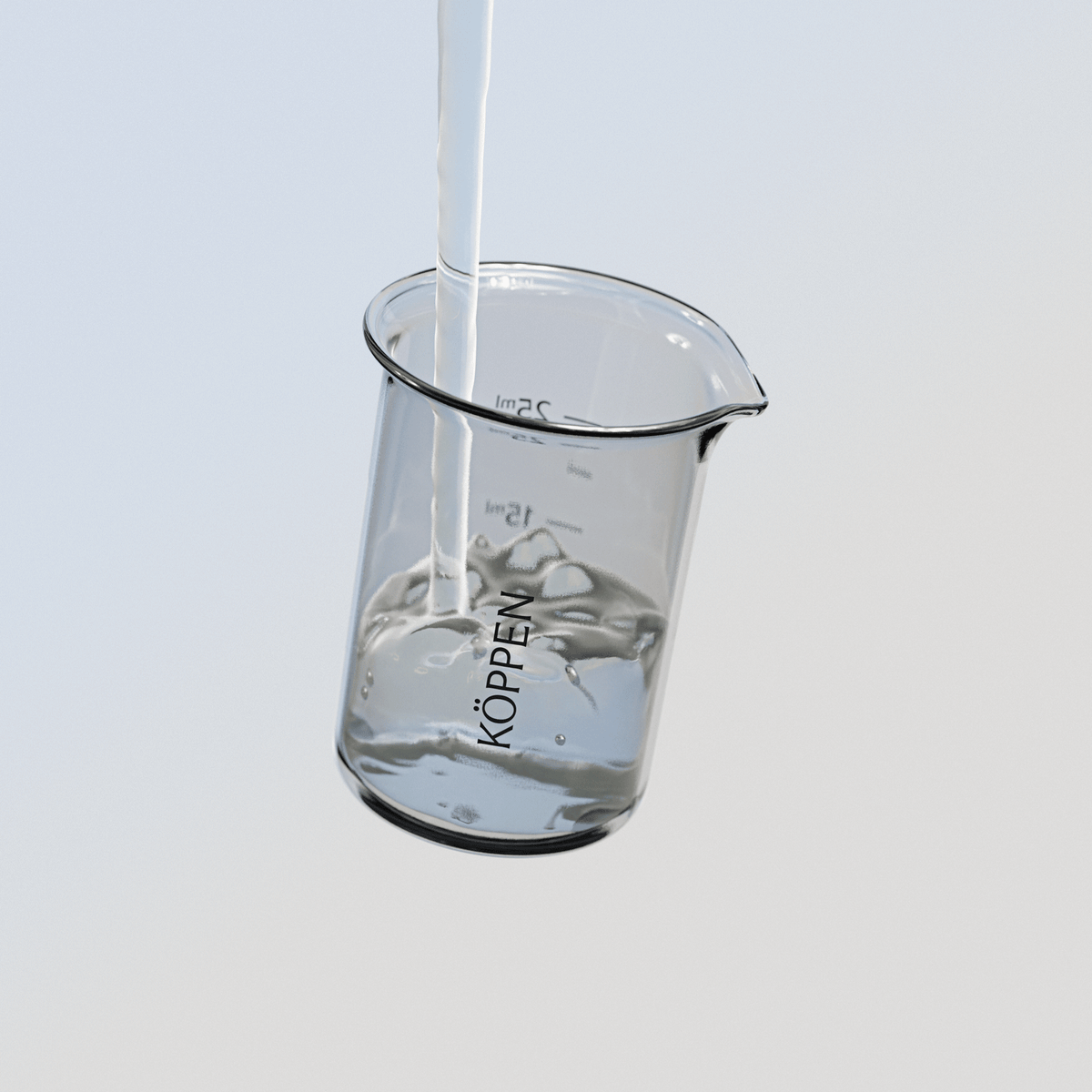 Beaker with clear liquid and 'Köppen' branding on a light gray background