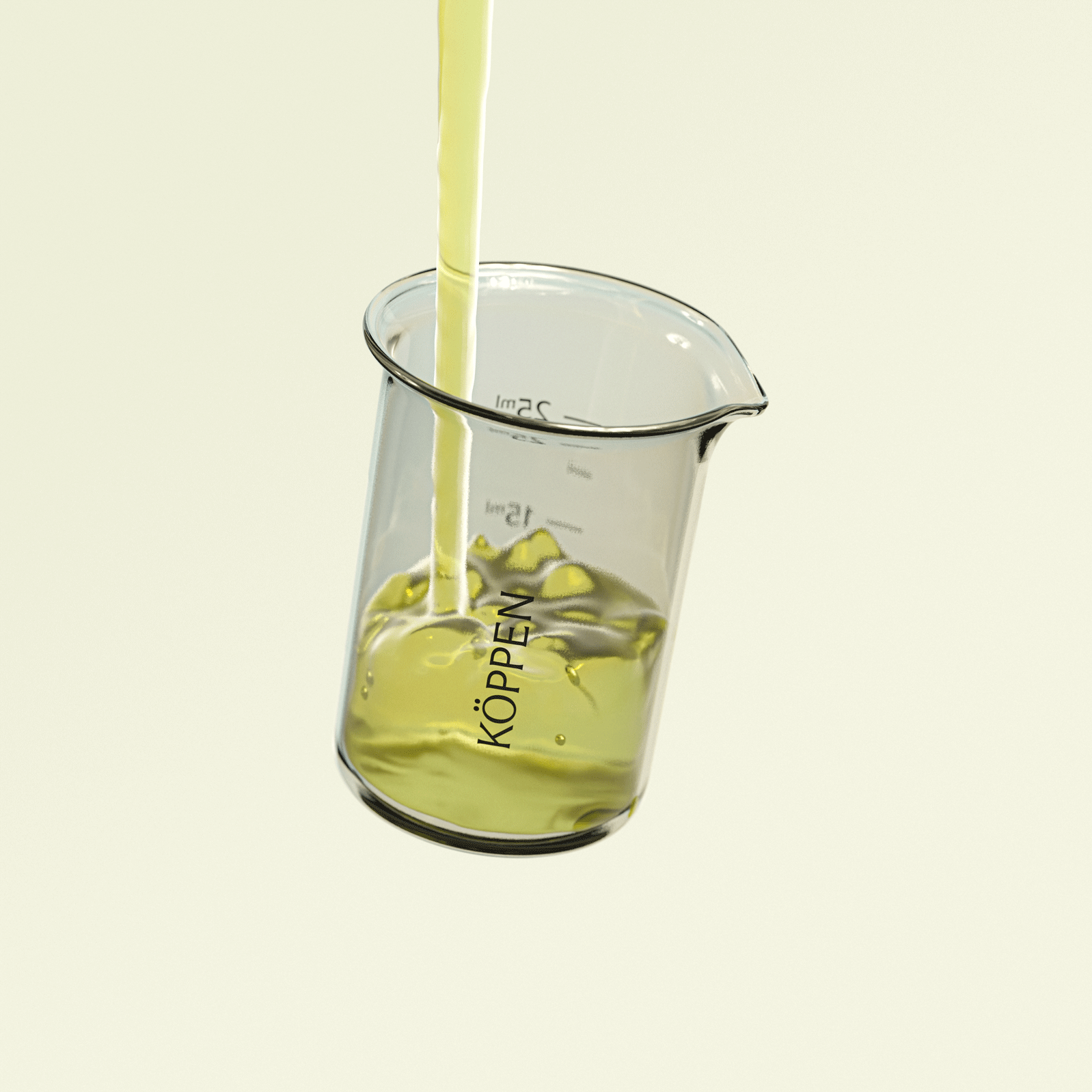 Beaker with 'Köppen' branding being filled with a yellow liquid on a light beige background