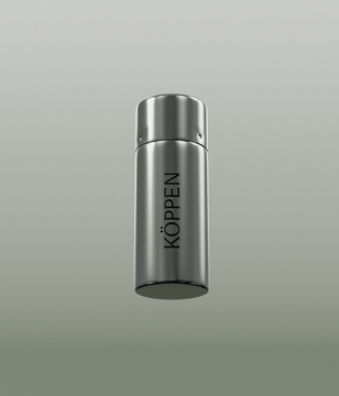 Silver floss container with 'Köppen' branding on a gray background