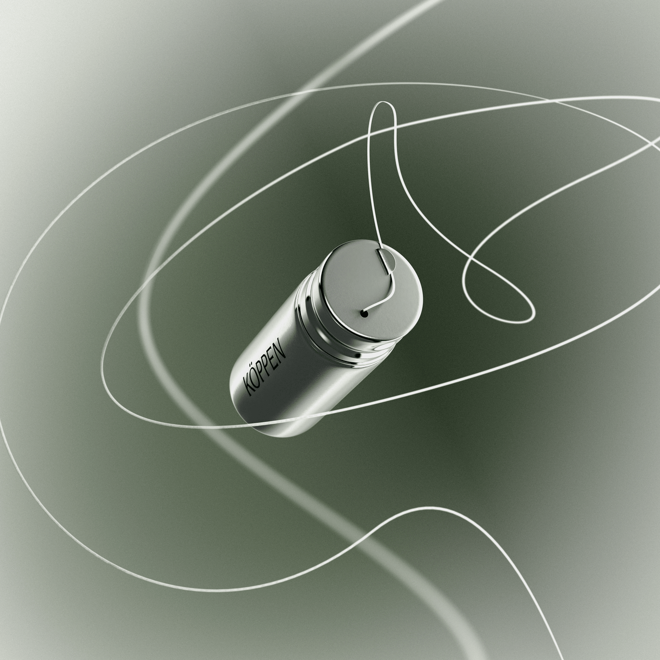 Silver cylindrical floss container with 'Koppen' branding on a green gradient background