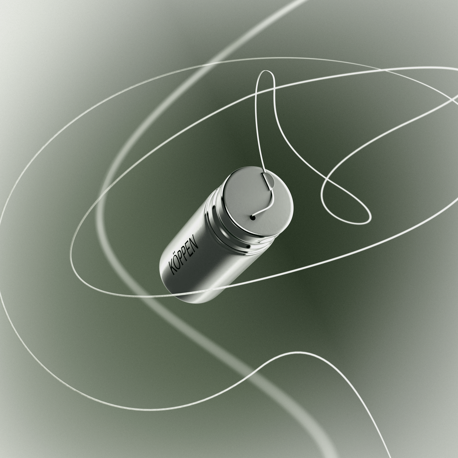 Silver cylindrical floss container with 'Koppen' branding on a green gradient background