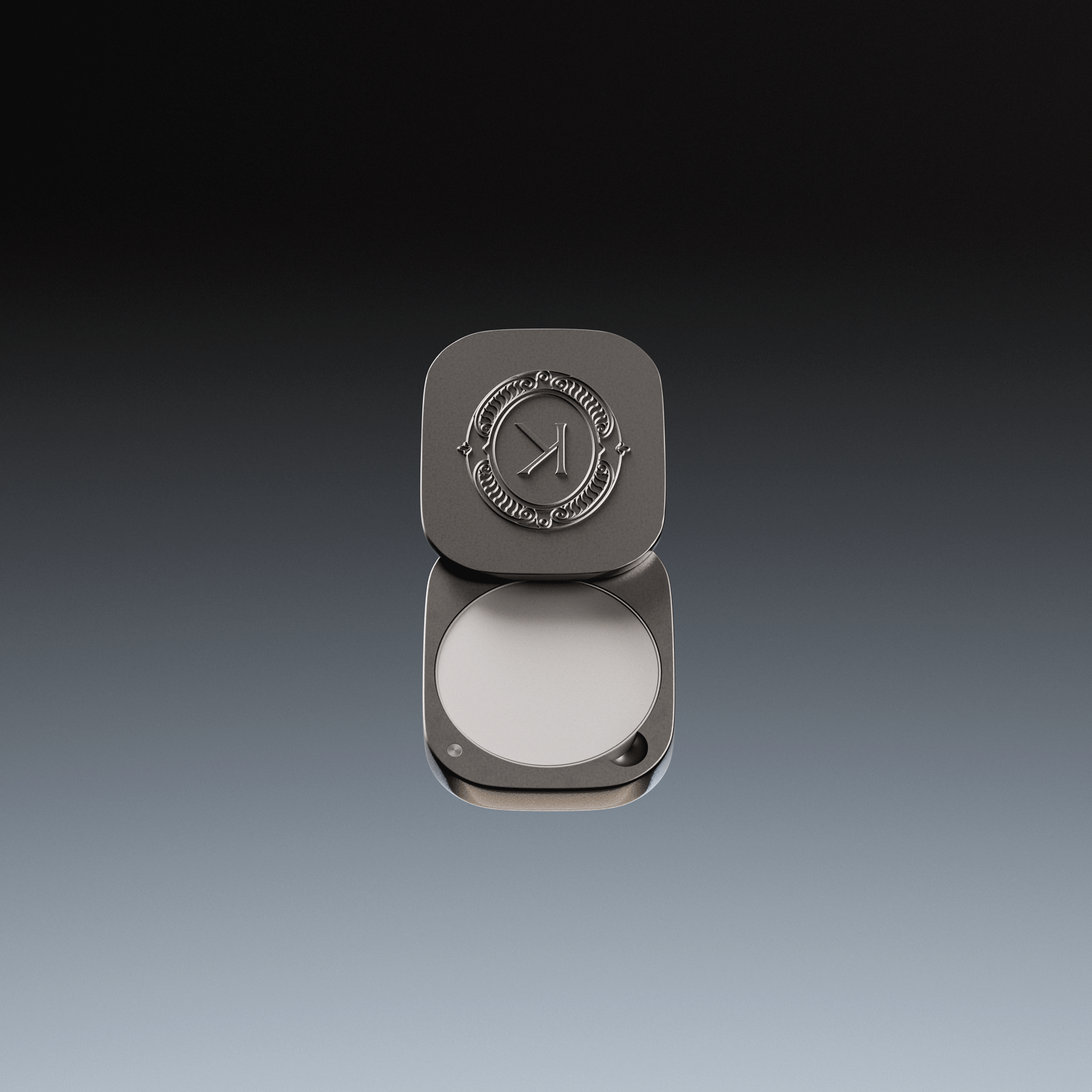 Grey lip balm compact with K brand logo on a gradient background