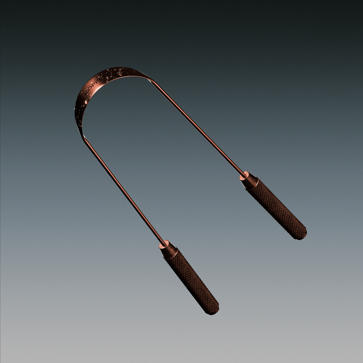 Copper tongue scraper on light grey background