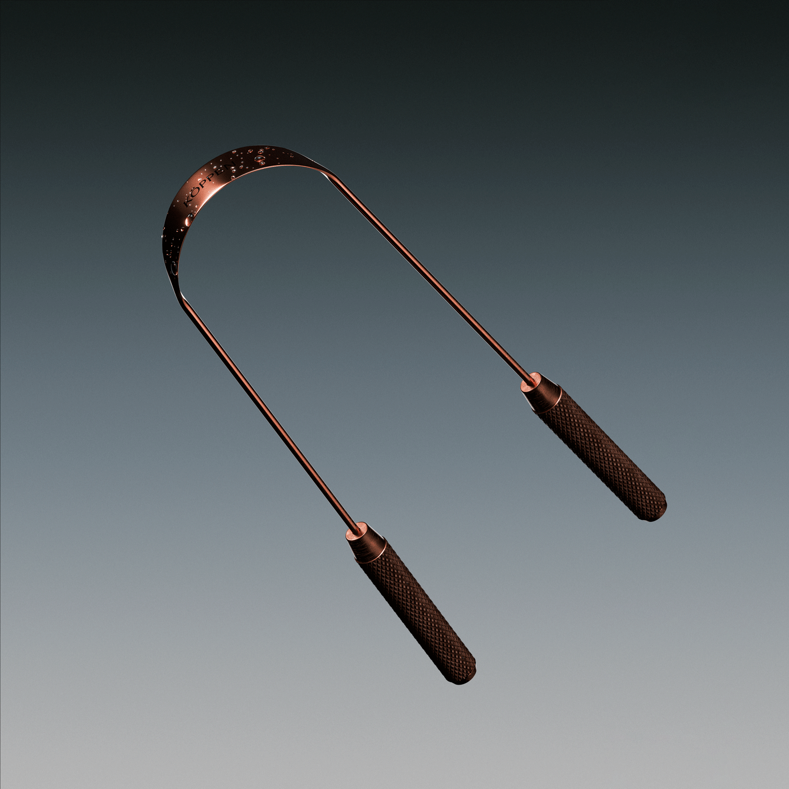 Copper tongue scraper on light grey background