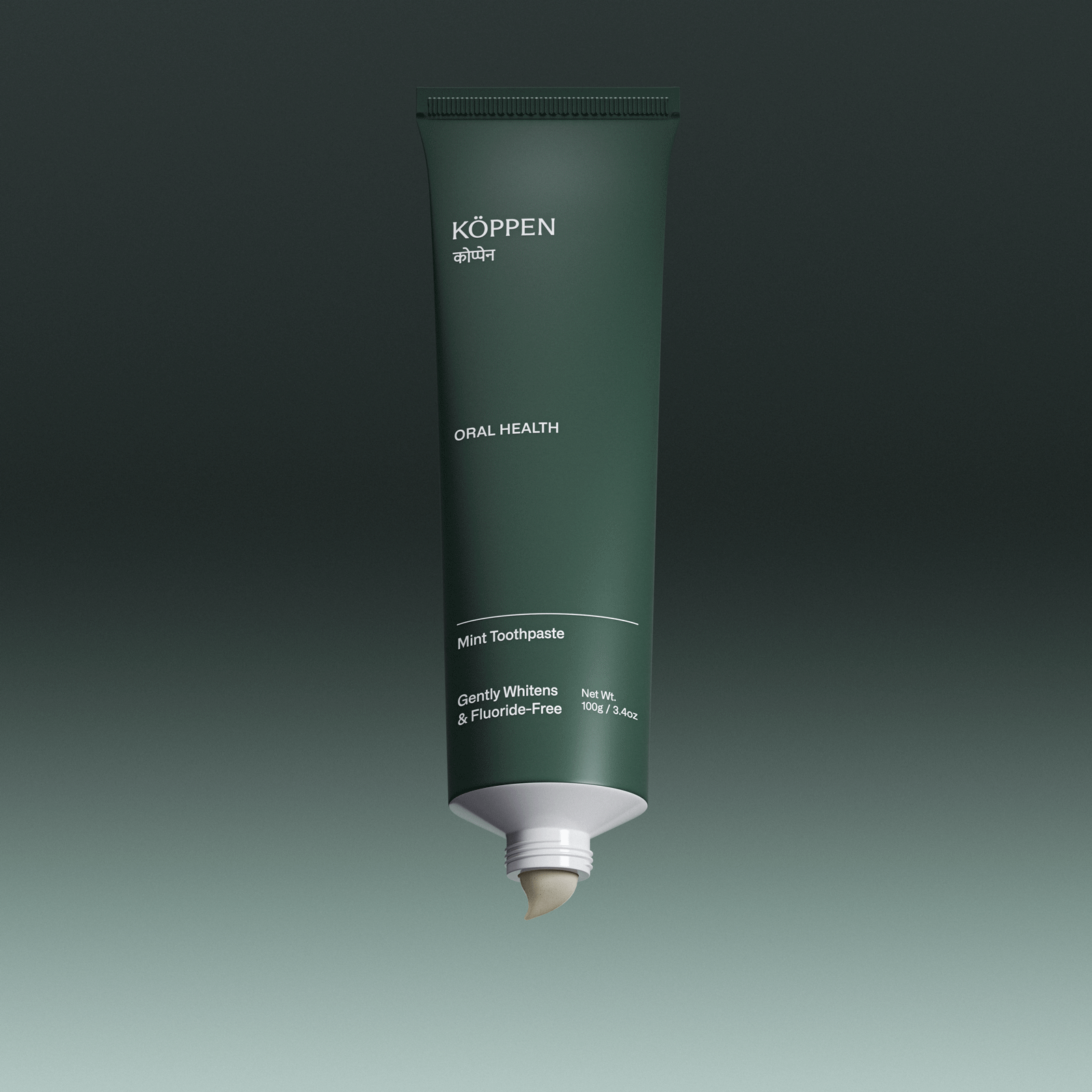 Koppen toothpaste tube on a gradient green background